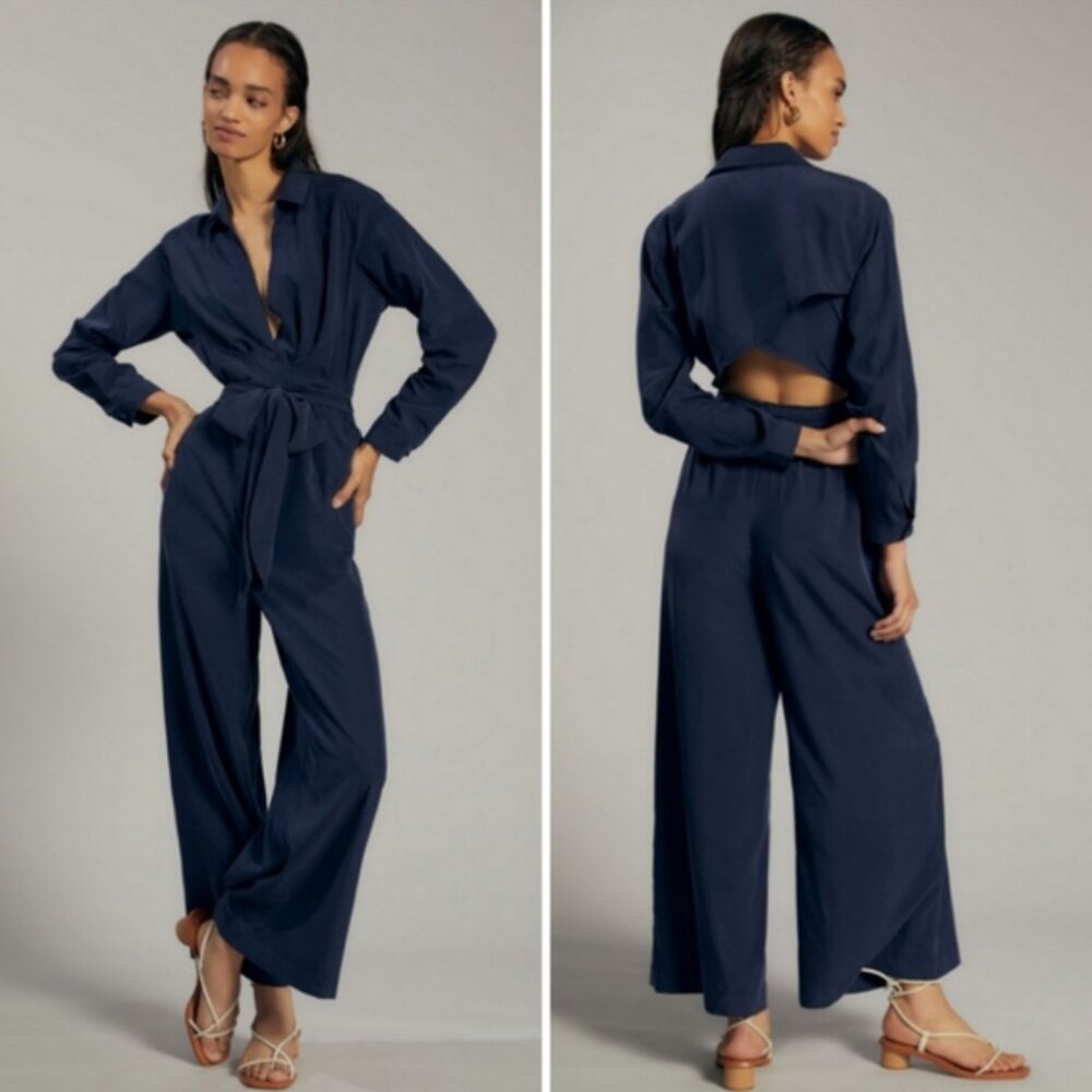 Anthropologie blue long sleeve open back wide leg jumpsuit size 8